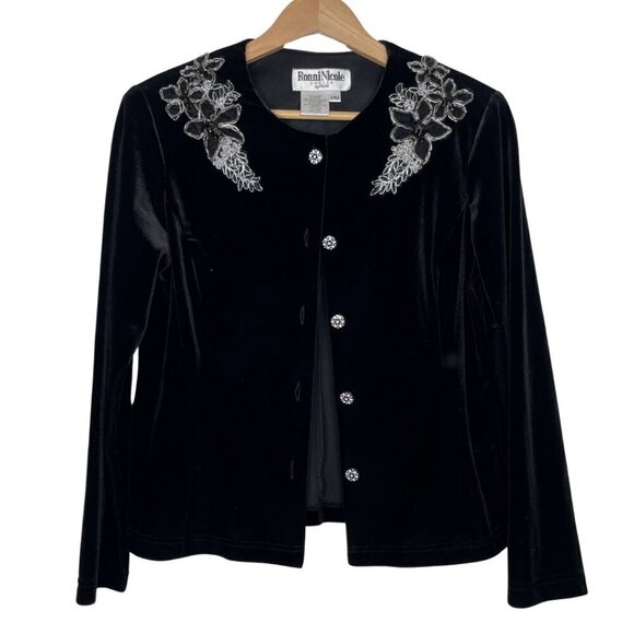 Ronni Nicole Sweaters - VTG Ronni Nicole Petite Medium Black Velvet Holiday Cardigan w/ Lace & Beading
